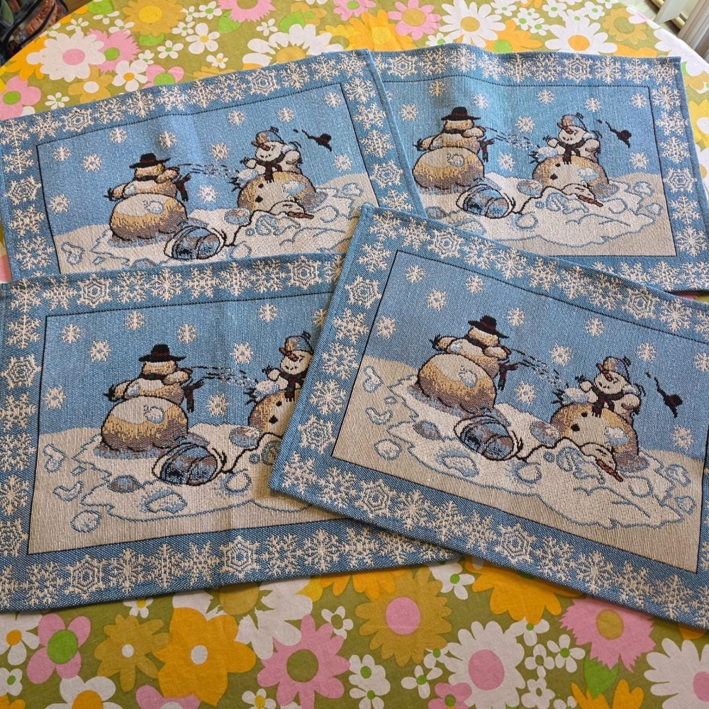 Snowman Snowball Fight Tapestry Placemats Set of 4 Blue Woven Snowflake Border